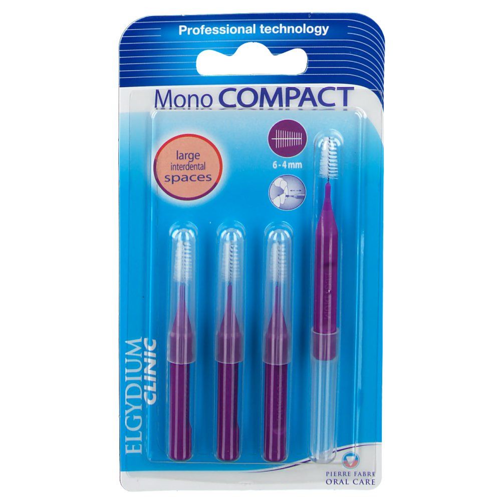 ELGYDIUM Klinik Mono Kompakt. 4 brossettes interdentaires en blister. Brossettes violettes, capuchons transparents. Inscription "Mono COMPACT".