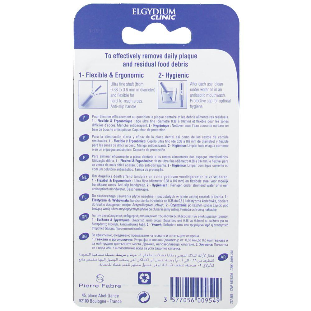 Dos de l'emballage ELGYDIUM Klinik Mono Kompakt. Texte multilingue. Illustrations et informations d'utilisation.