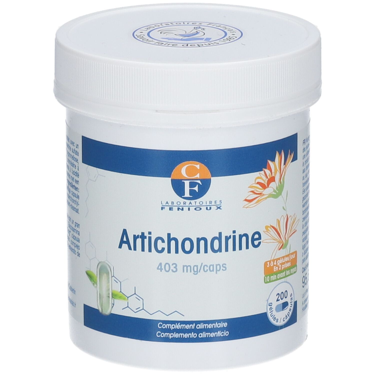 Pot blanc avec couvercle. Inscription: Artichondrine, 403 mg/caps. 200 gélules. Logo: CF Laboratoires Fenioux.