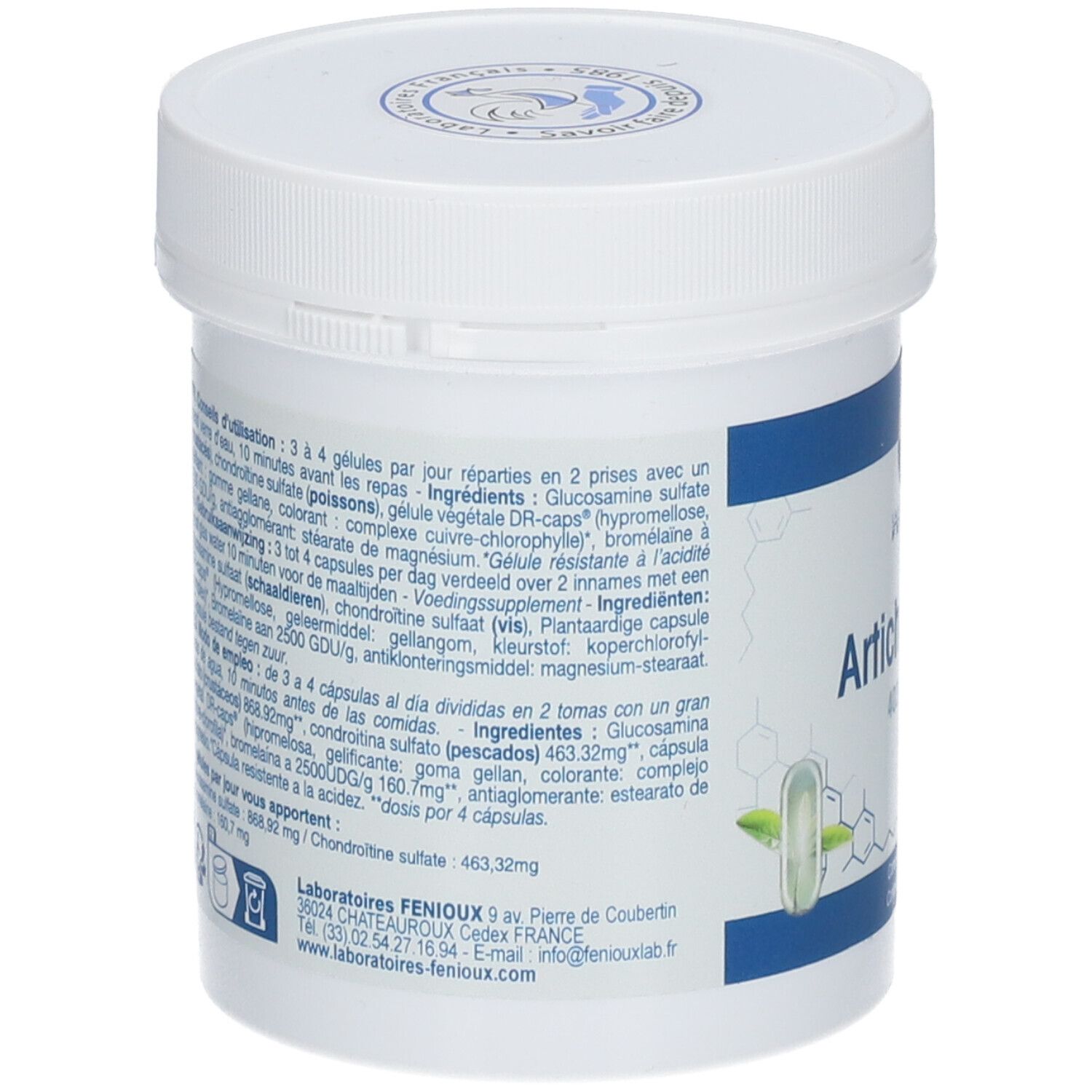 Dos du pot blanc. Texte avec ingrédients et mode d'emploi en plusieurs langues. Logo: Laboratoires Fenioux.