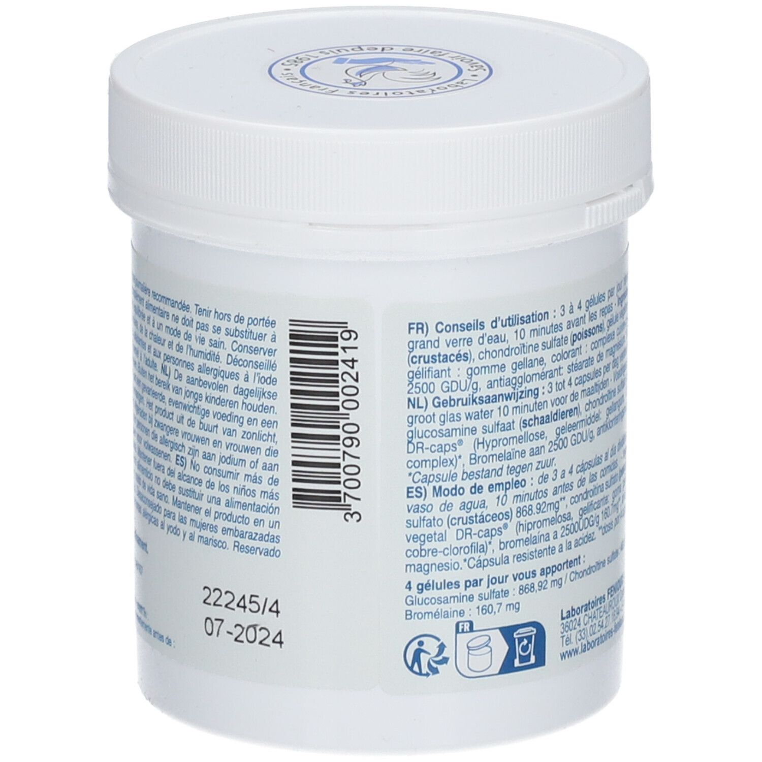 Dos du pot blanc. Texte avec instructions d'utilisation et avertissements en plusieurs langues. Logo: Laboratoires Fenioux.