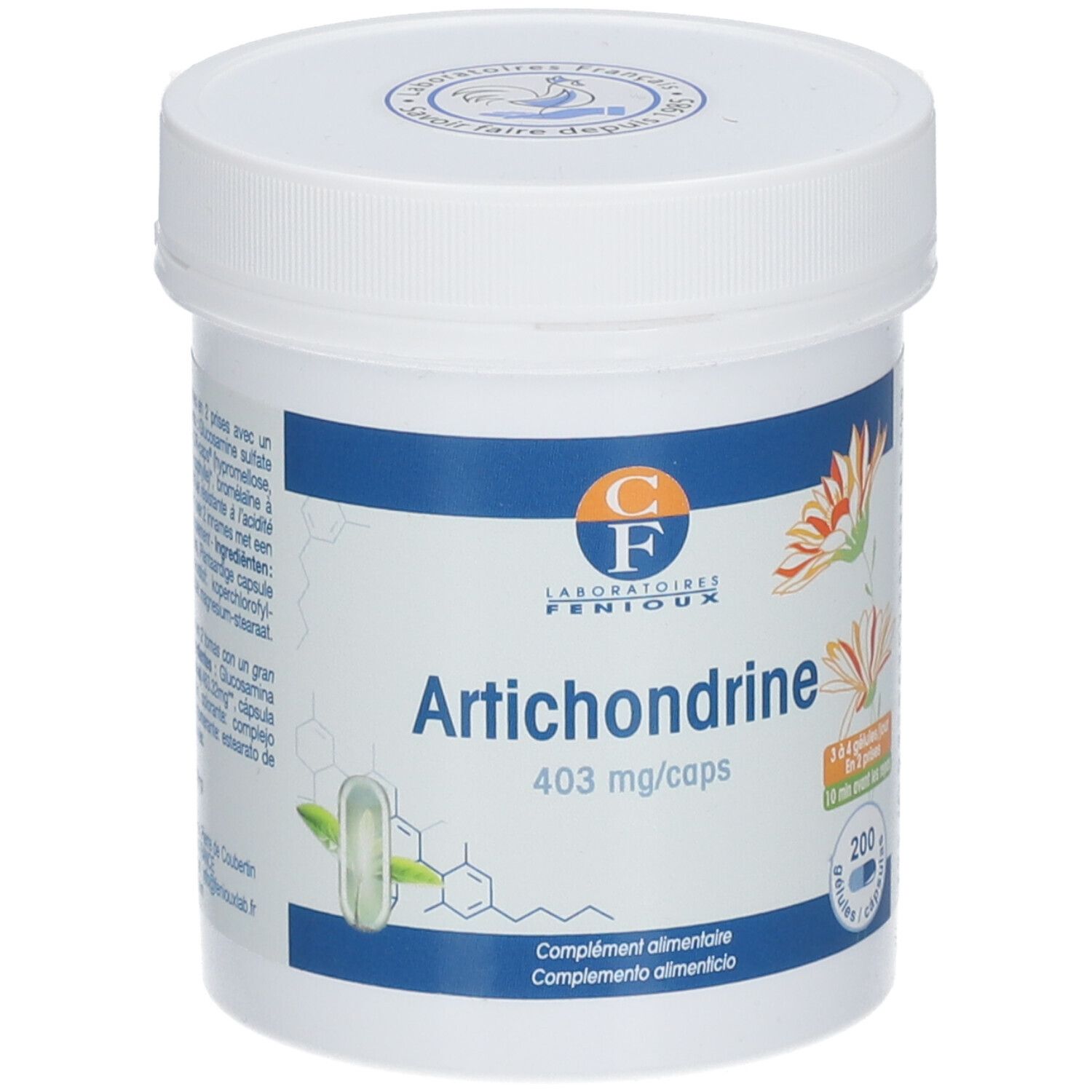 Pot blanc avec couvercle. Inscription: Artichondrine, 403 mg/caps. 200 gélules. Logo: CF Laboratoires Fenioux.