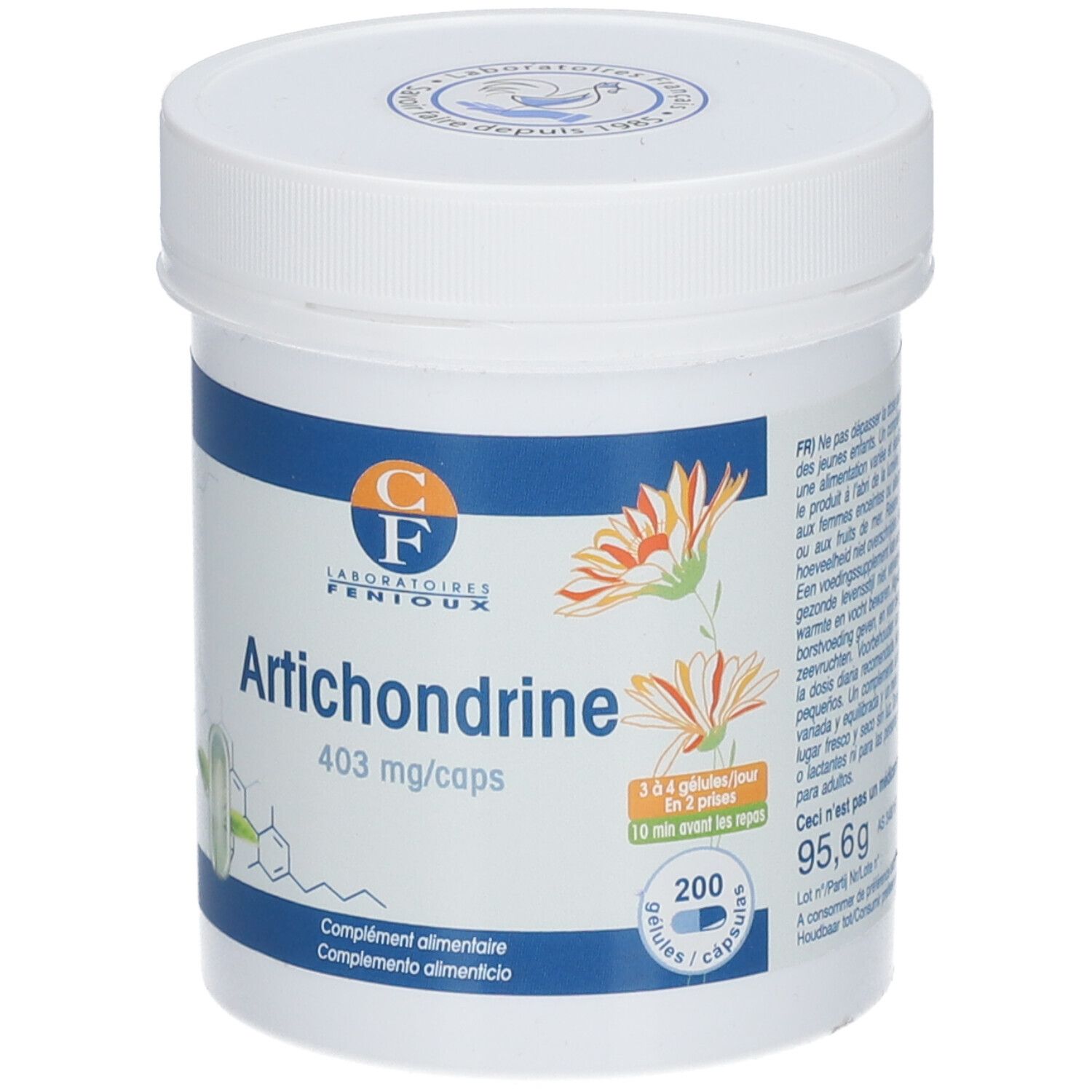 Pot blanc avec couvercle. Inscription: Artichondrine, 403 mg/caps. 200 gélules. Logo: CF Laboratoires Fenioux. Poids: 95,6g.