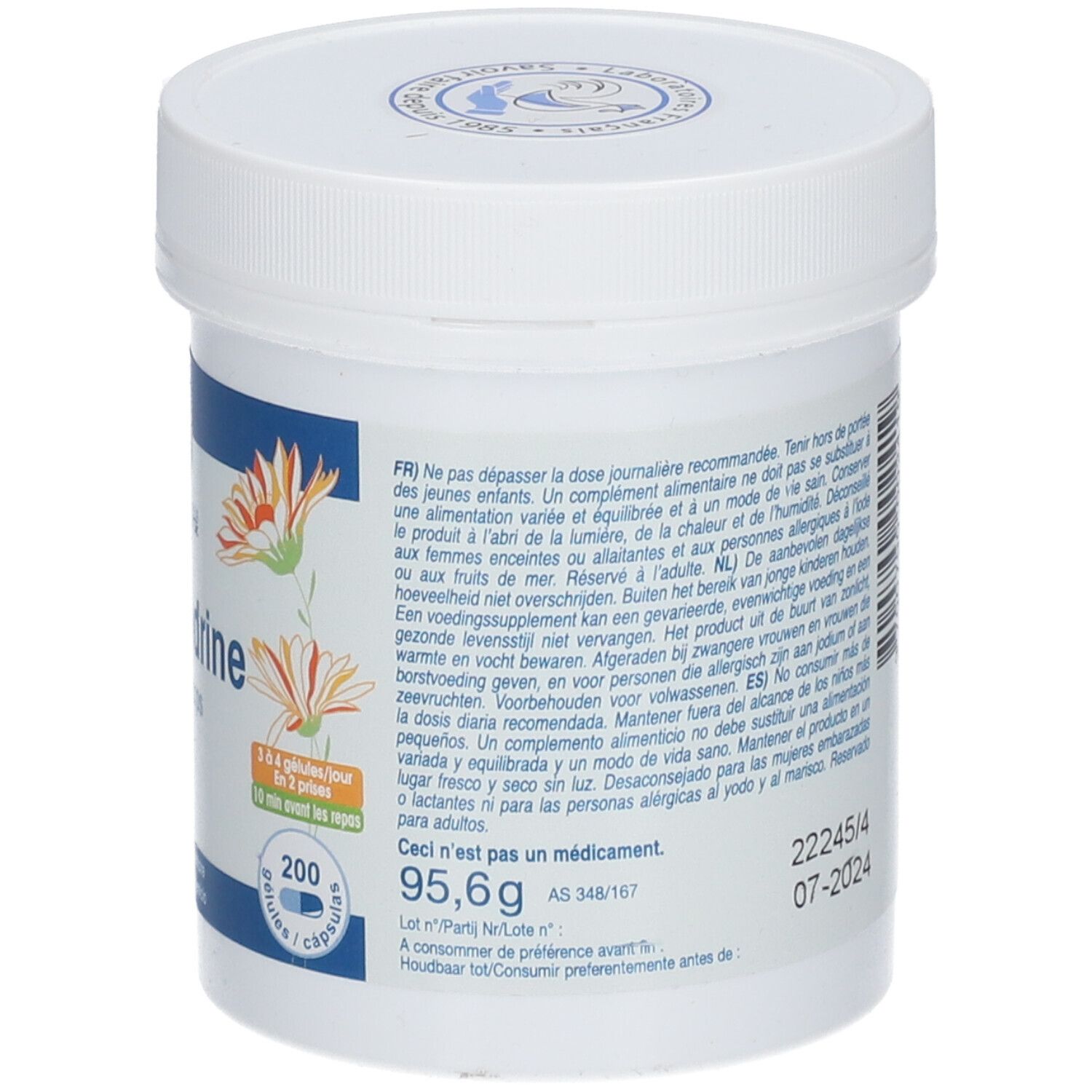 Dos du pot blanc. Texte, poids 95,6g, date de péremption. Logo: Laboratoires Fenioux. 200 gélules.