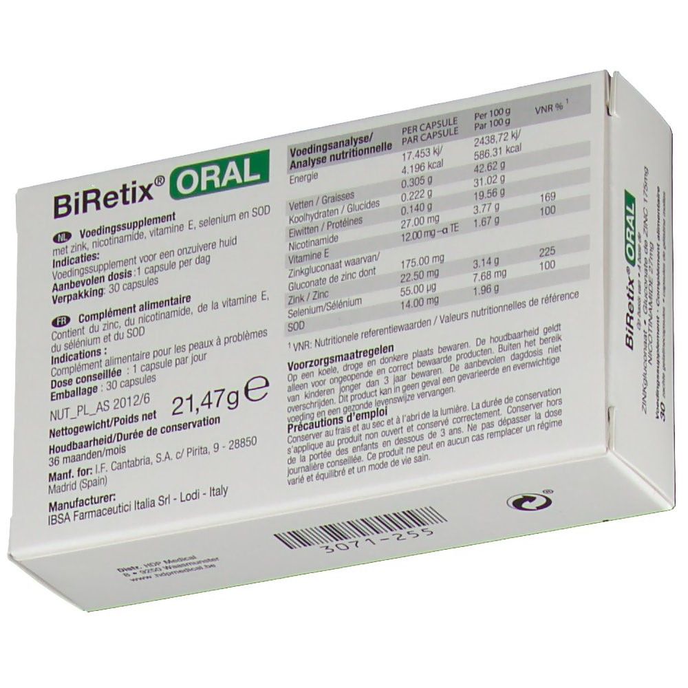 Dos de la boîte BiRetix Oral. Contient des informations nutritionnelles et des ingrédients. Texte multilingue.