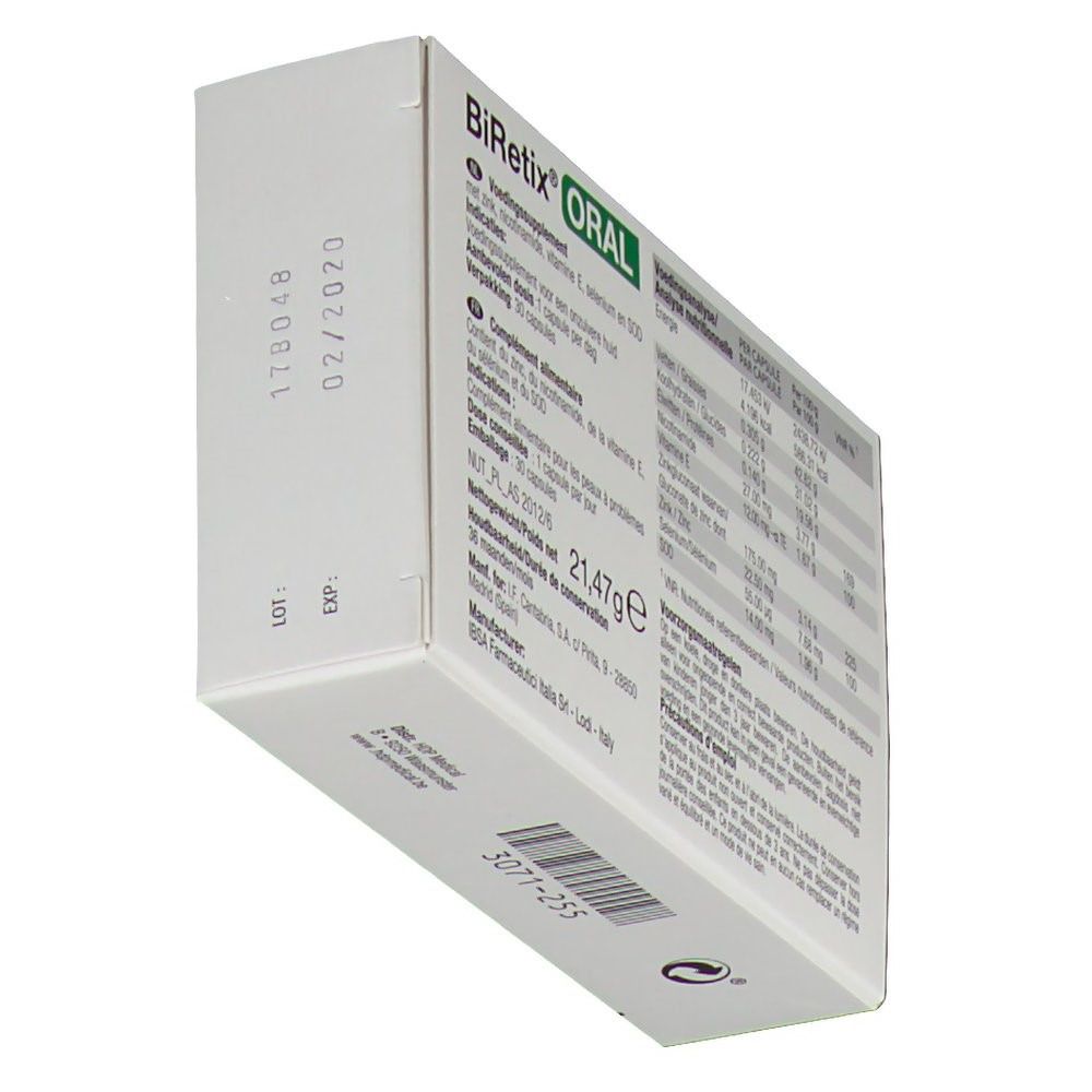 Boîte BiRetix Oral, vue oblique du dessous. Contient des informations nutritionnelles et des ingrédients. Texte multilingue.