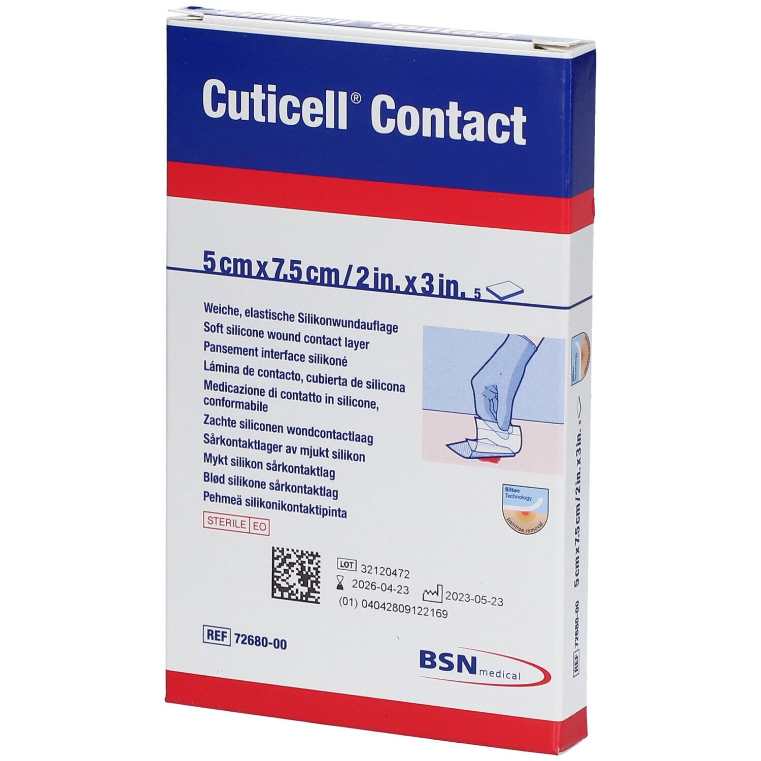 Verpackung mit Produktinformationen. Oben: Cuticell Contact, 5 cm x 7,5 cm. Enthält eine weiche, elastische Silikonwundauflage. BSN medical Logo.