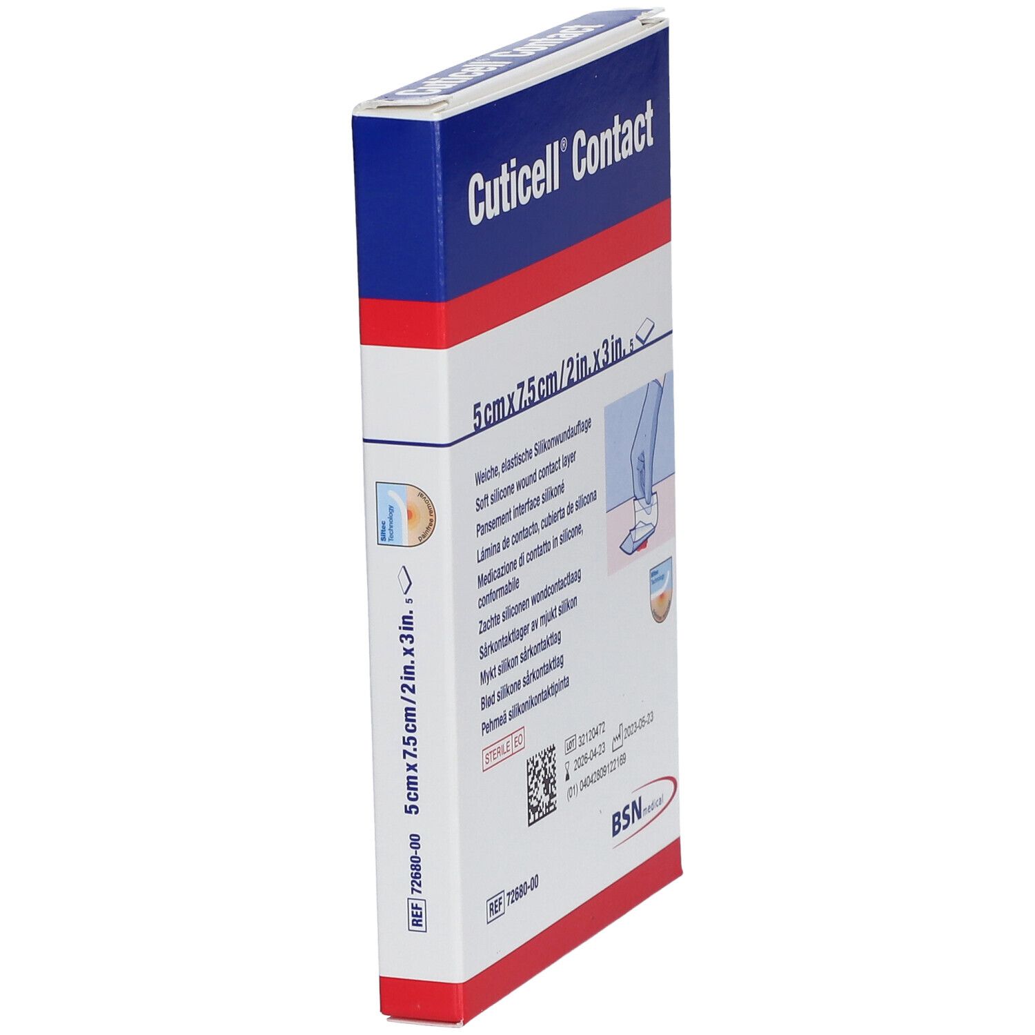 Seitenansicht der Produktverpackung. Cuticell Contact, 5 cm x 7,5 cm. Enthält eine weiche, elastische Silikonwundauflage. BSN medical Logo.