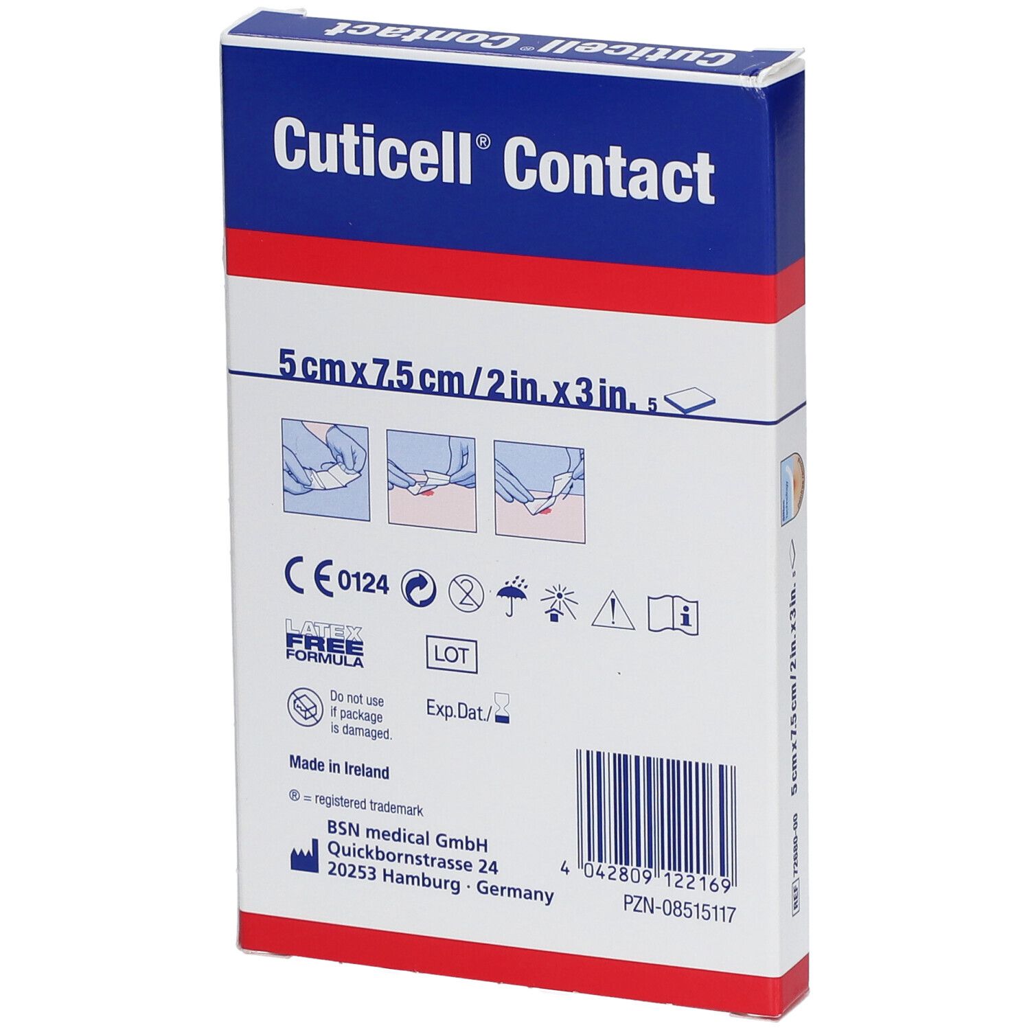 Rückseite der Produktverpackung. Cuticell Contact, 5 cm x 7,5 cm. Enthält eine weiche, elastische Silikonwundauflage. CE-Kennzeichnung.