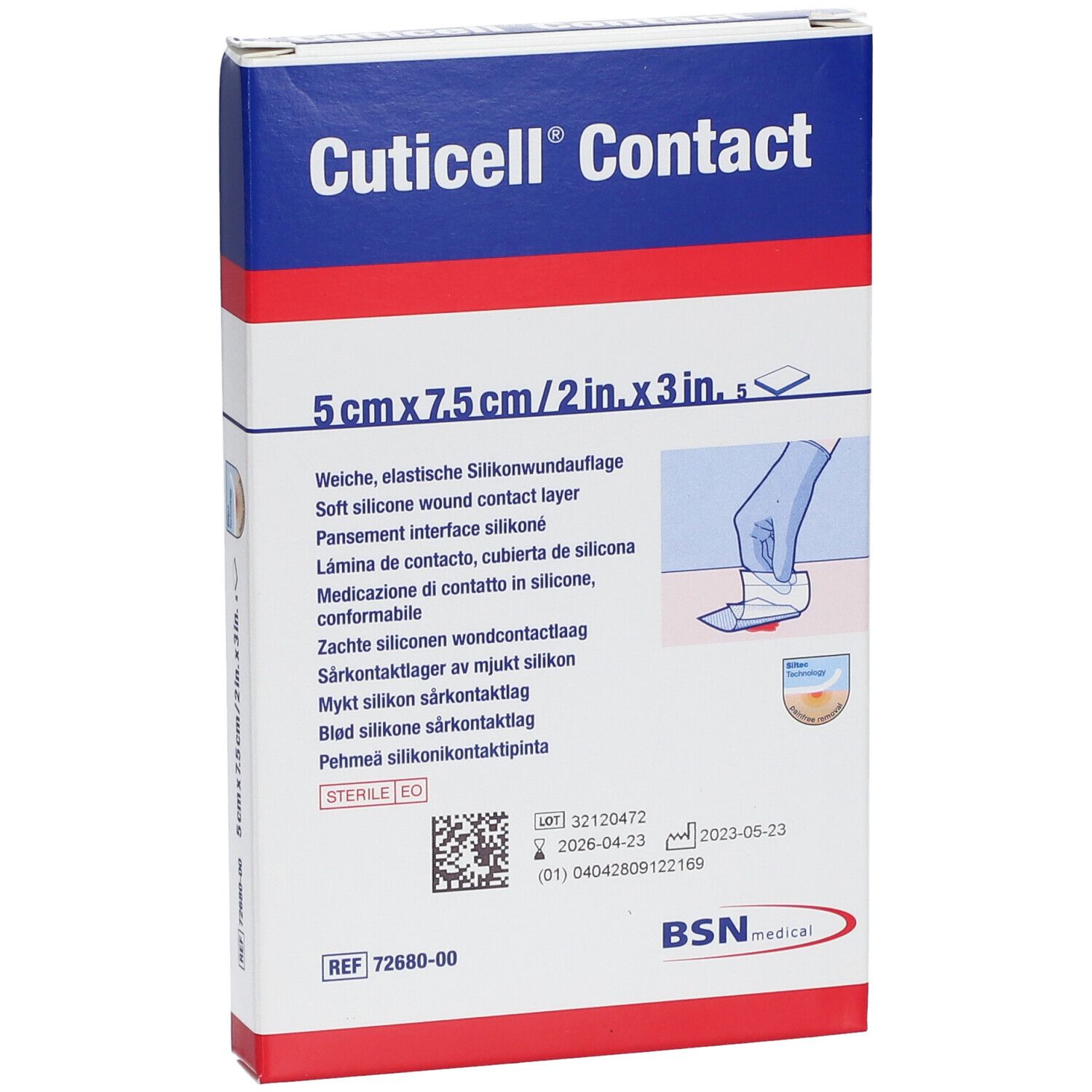 Verpackung mit Produktinformationen. Oben: Cuticell Contact, 5 cm x 7,5 cm. Enthält eine weiche, elastische Silikonwundauflage. BSN medical Logo.