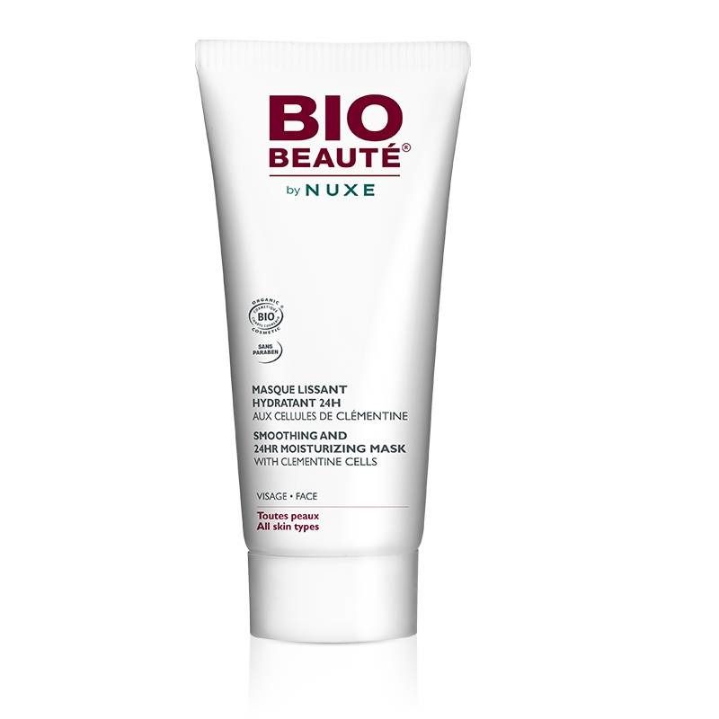 Weiße Tube mit rotem "BIO BEAUTÉ"-Logo. Text: "Masque Lissant Hydratant 24H". Bio-Zertifizierung.