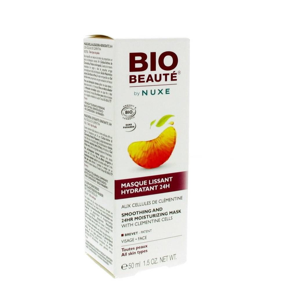 Karton mit "BIO BEAUTÉ"-Logo und Mandarinen-Illustration. Text: "Masque Lissant Hydratant 24H". Bio-Zertifizierung.
