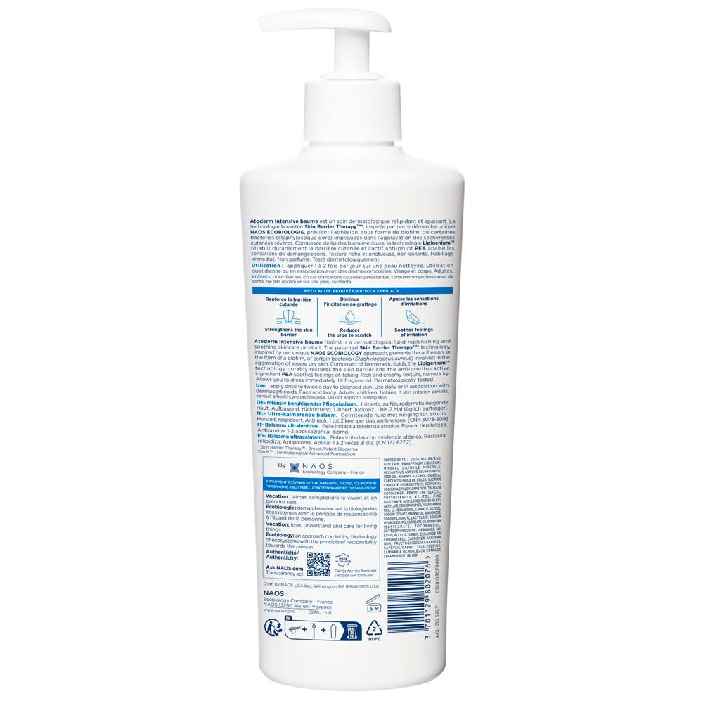 Flacon blanc avec pompe et goutte de crème. Inscriptions: BIODERMA, Atoderm Intensive Baume.