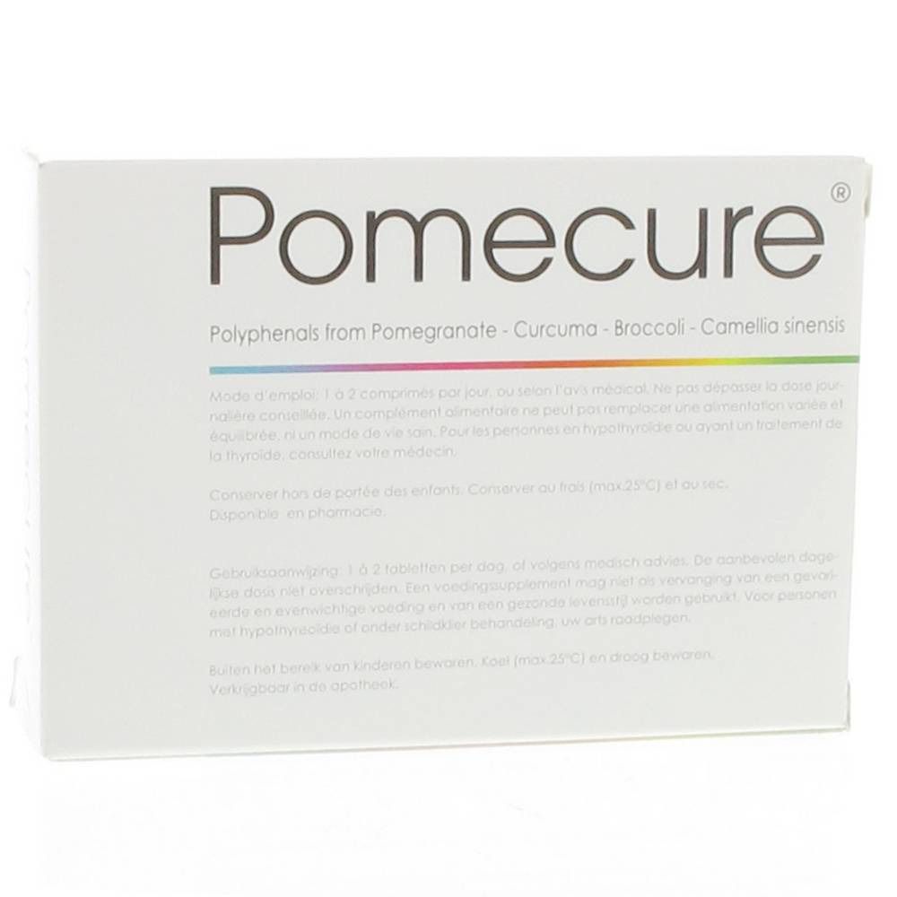Weiße Schachtel mit dem Produktnamen Pomecure. Aufschrift: Polyphenole aus Granatapfel, Kurkuma, Brokkoli, Camellia sinensis.