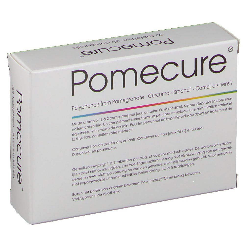 Weiße Schachtel mit dem Produktnamen Pomecure und der Aufschrift '30 Tabletten'. Text: Polyphenole aus Granatapfel, Kurkuma, Brokkoli, Camellia sinensis.