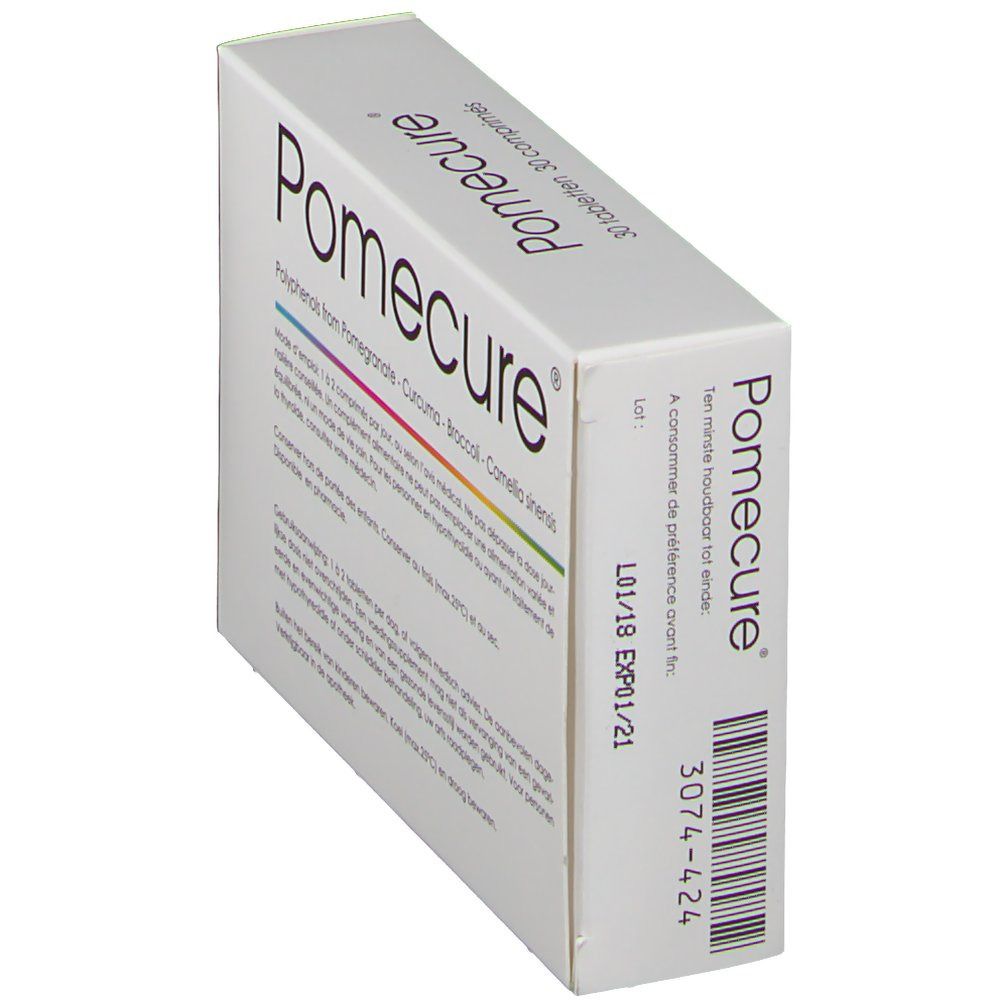 Weiße Schachtel mit dem Produktnamen Pomecure. Auf der Seite: '30 Tabletten'. Auf der Rückseite: Chargennummer und Verfallsdatum.