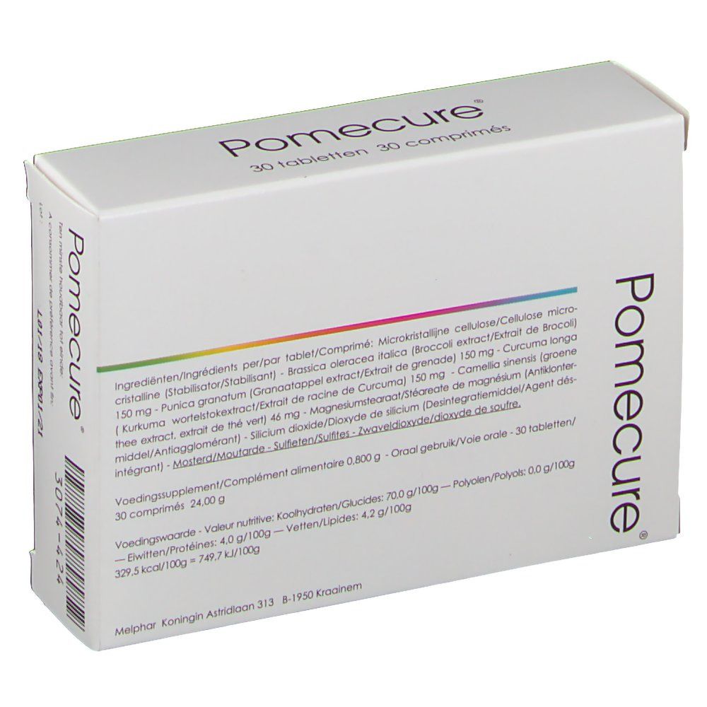 Weiße Schachtel mit dem Produktnamen Pomecure und der Aufschrift '30 Tabletten'. Auf der Rückseite: Zutatenliste und Nährwertangaben.
