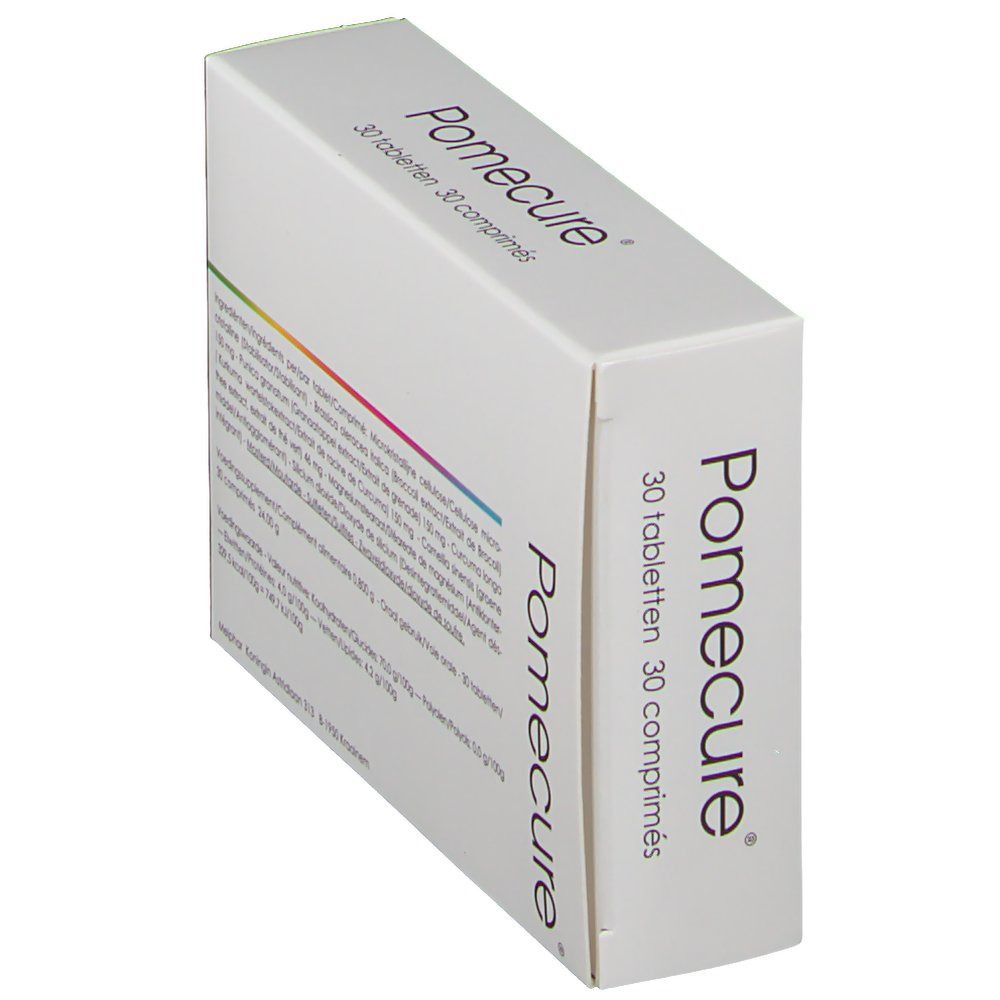 Weiße Schachtel mit dem Produktnamen Pomecure und der Aufschrift '30 Tabletten'. Die Schachtel ist leicht schräg gestellt.