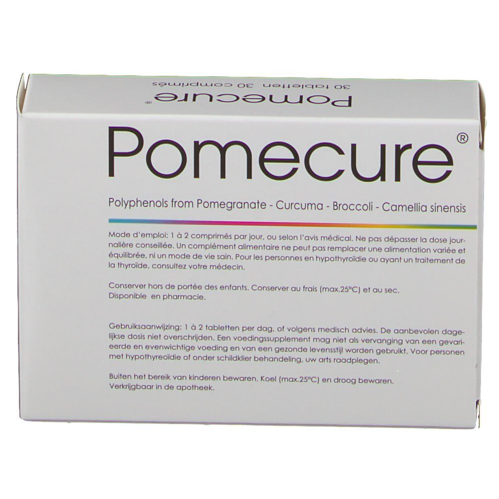 Weiße Schachtel mit dem Produktnamen Pomecure. Aufschrift: Polyphenole aus Granatapfel, Kurkuma, Brokkoli, Camellia sinensis. Text in mehreren Sprachen.