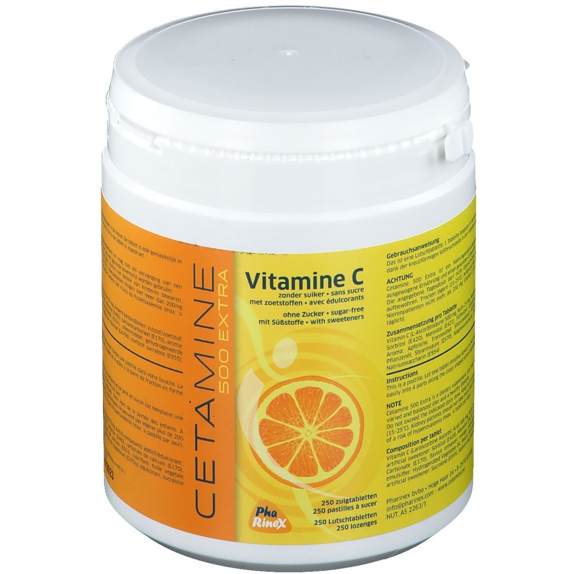 Weiße Dose mit orangefarbenem Etikett. Aufschrift: CETAMINE 500 EXTRA Vitamin C, ohne Zucker. Mit 250 Lutschtabletten.