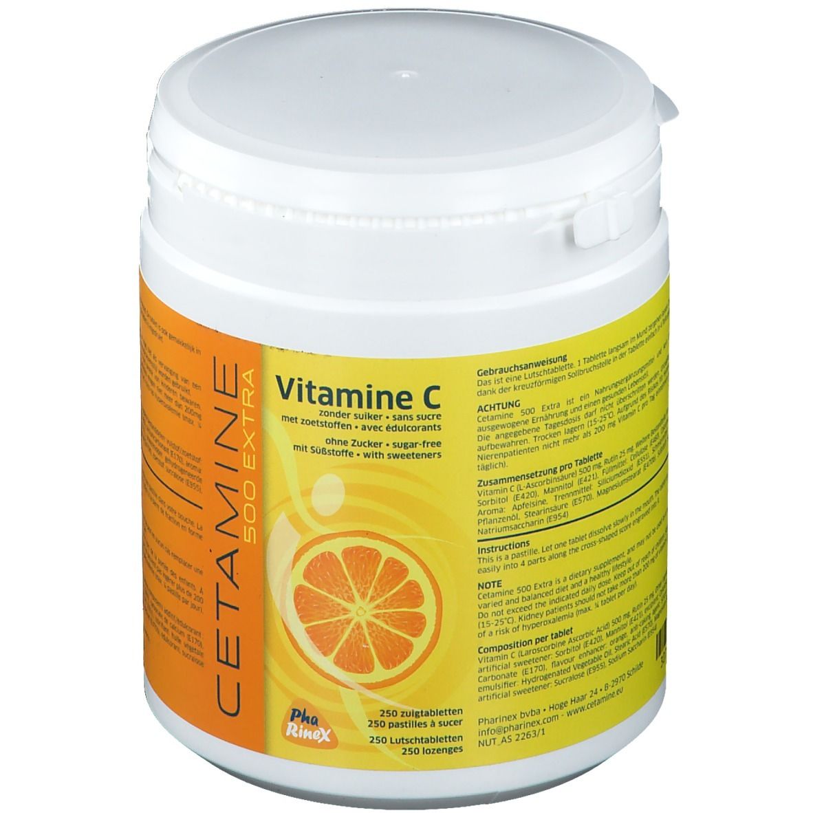 Weiße Dose mit orangefarbenem Etikett. Aufschrift: CETAMINE 500 EXTRA Vitamin C, ohne Zucker. 250 Lutschtabletten.