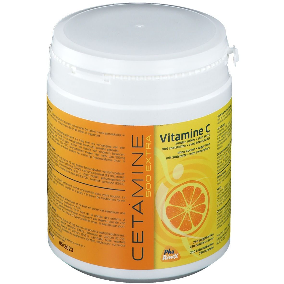 Weiße Dose mit orangefarbenem Etikett. Aufschrift: CETAMINE 500 EXTRA Vitamin C, ohne Zucker. 250 Lutschtabletten.
