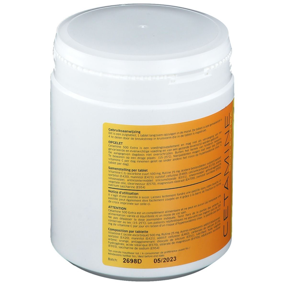 Weiße Dose mit orangefarbenem Etikett. Aufschrift: CETAMINE 500 EXTRA. Details und Chargennummer.