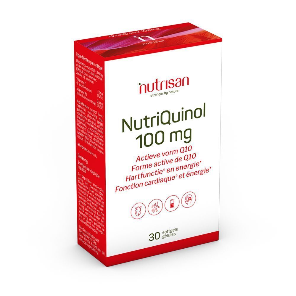 Boîte Nutrisan Nutriquinol 100 mg. Emballage rouge et blanc. Contient 30 gélules. Texte en français et néerlandais.