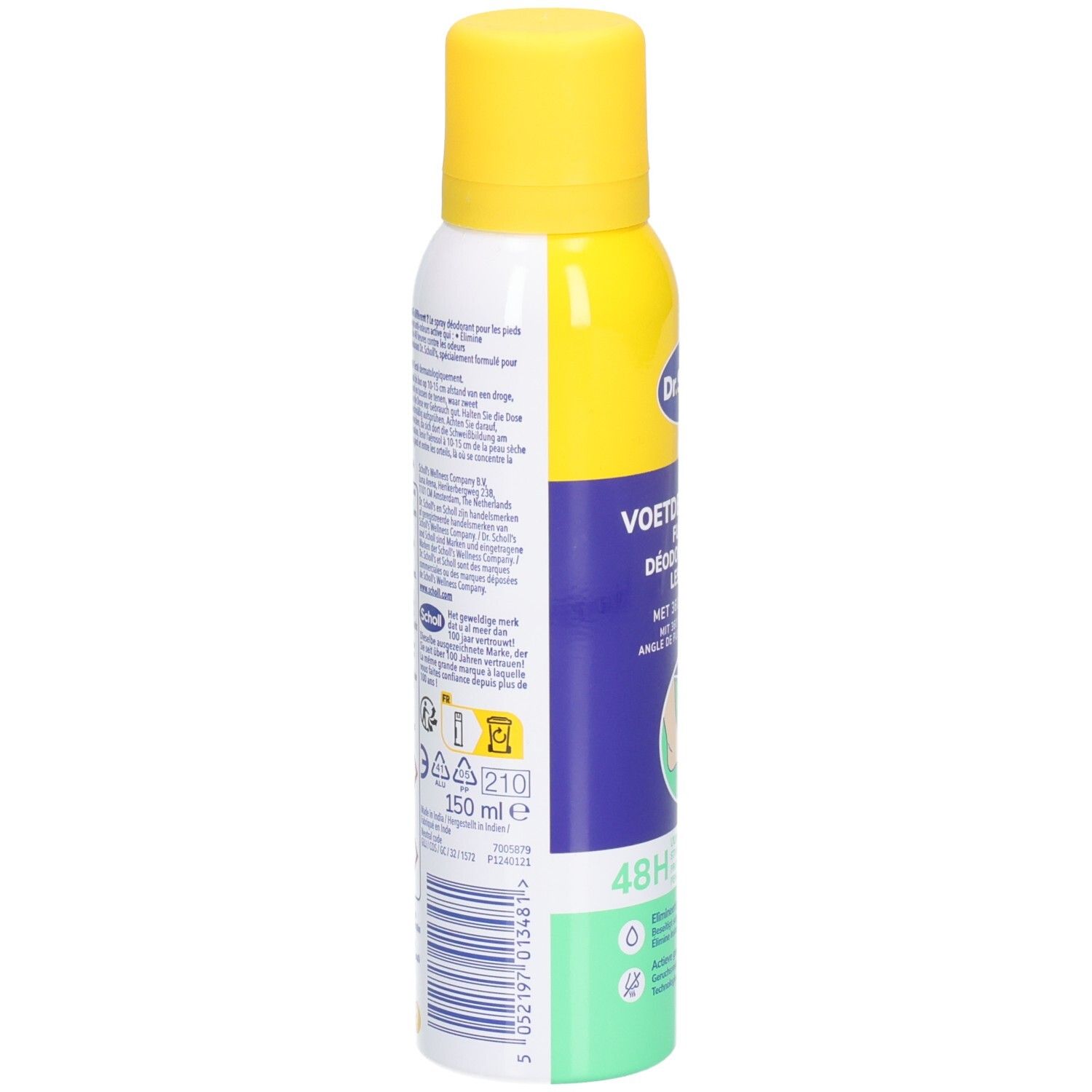 Seitenansicht der Sprühdose. Aufschrift: Dr. Scholl's, Fußdeo, 48H Schutz. 150 ml. Barcode und Text.