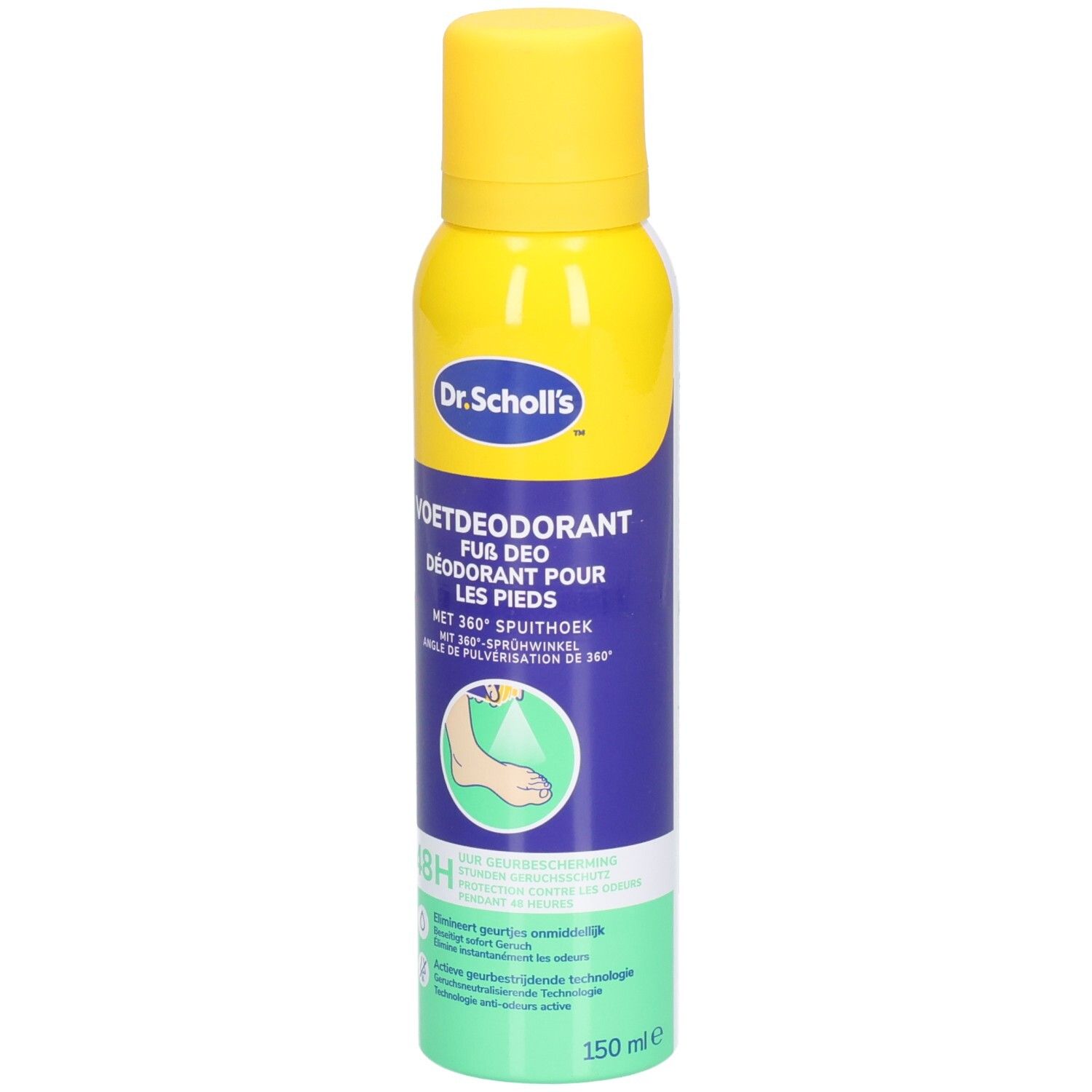 Gelbe und blaue Sprühdose mit gelbem Deckel. Aufschrift: Dr. Scholl's, Fußdeo, 48H Schutz. 150 ml.