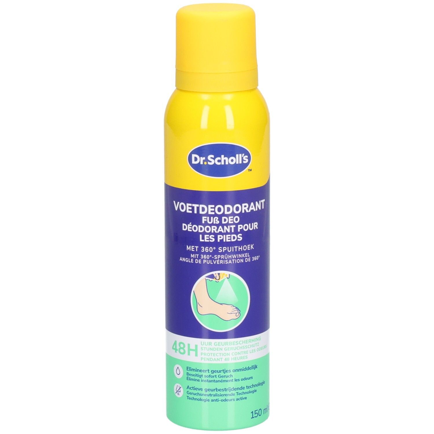 Gelbe und blaue Sprühdose mit gelbem Deckel. Aufschrift: Dr. Scholl's, Fußdeo, 48H Schutz. 150 ml.
