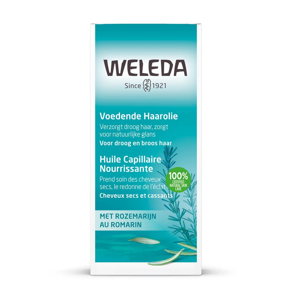 Emballage blanc avec inscriptions: WELEDA, Huile Capillaire Nourrissante, 1.7 FL OZ (50ml). Avec certification.