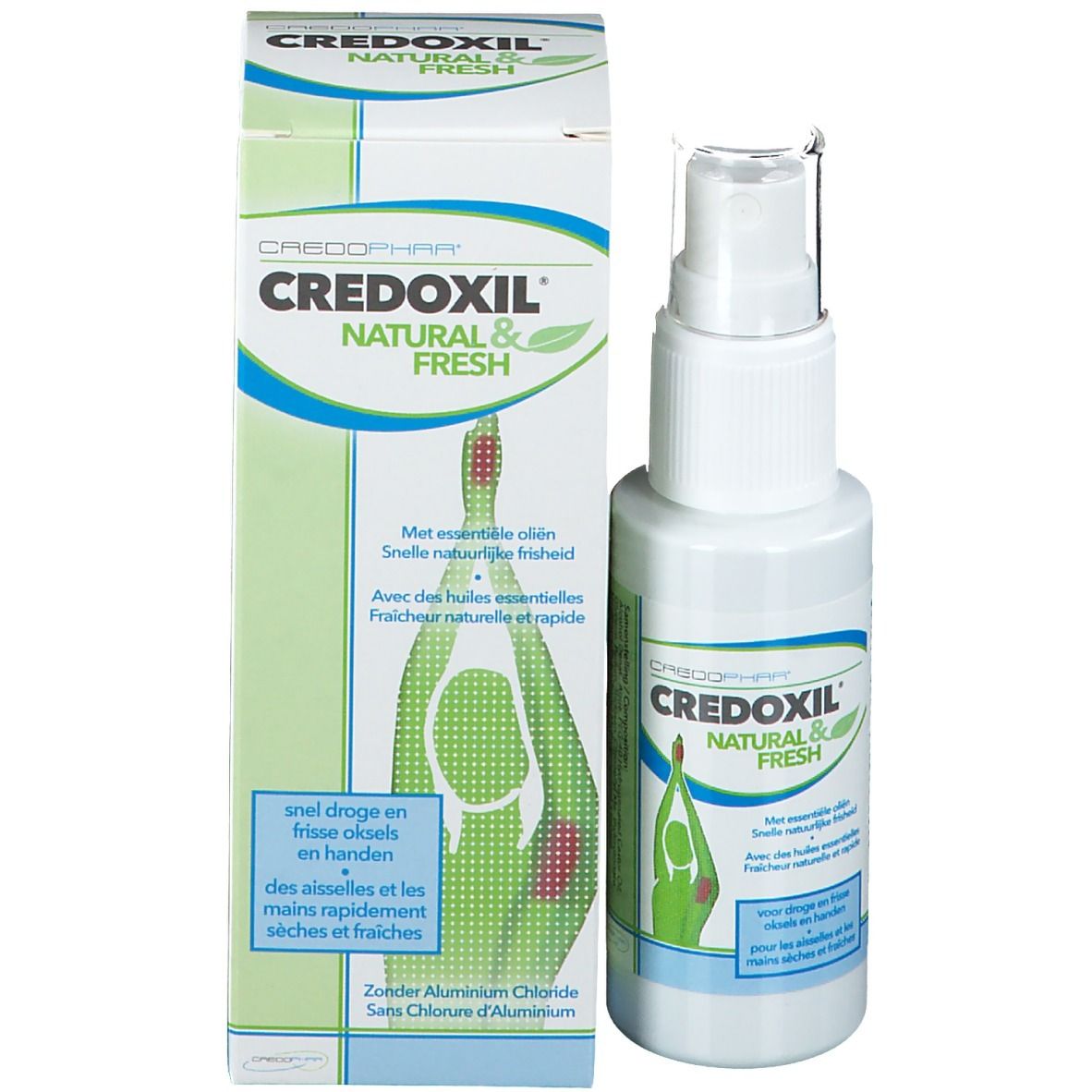 Emballage du produit et flacon spray. CREDOXIL NATURAL & FRESH. Logo vert avec personne. Tête de pulvérisation transparente.
