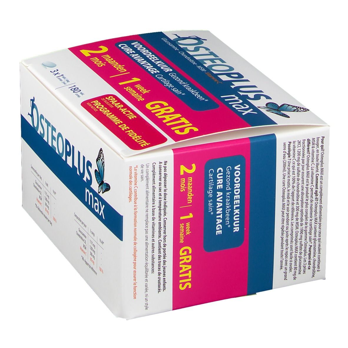 Osteoplus max Pack. Weiße Verpackung mit blauer und pinkfarbener Beschriftung. Enthält 180 Tabletten. Gratis-Aktion.