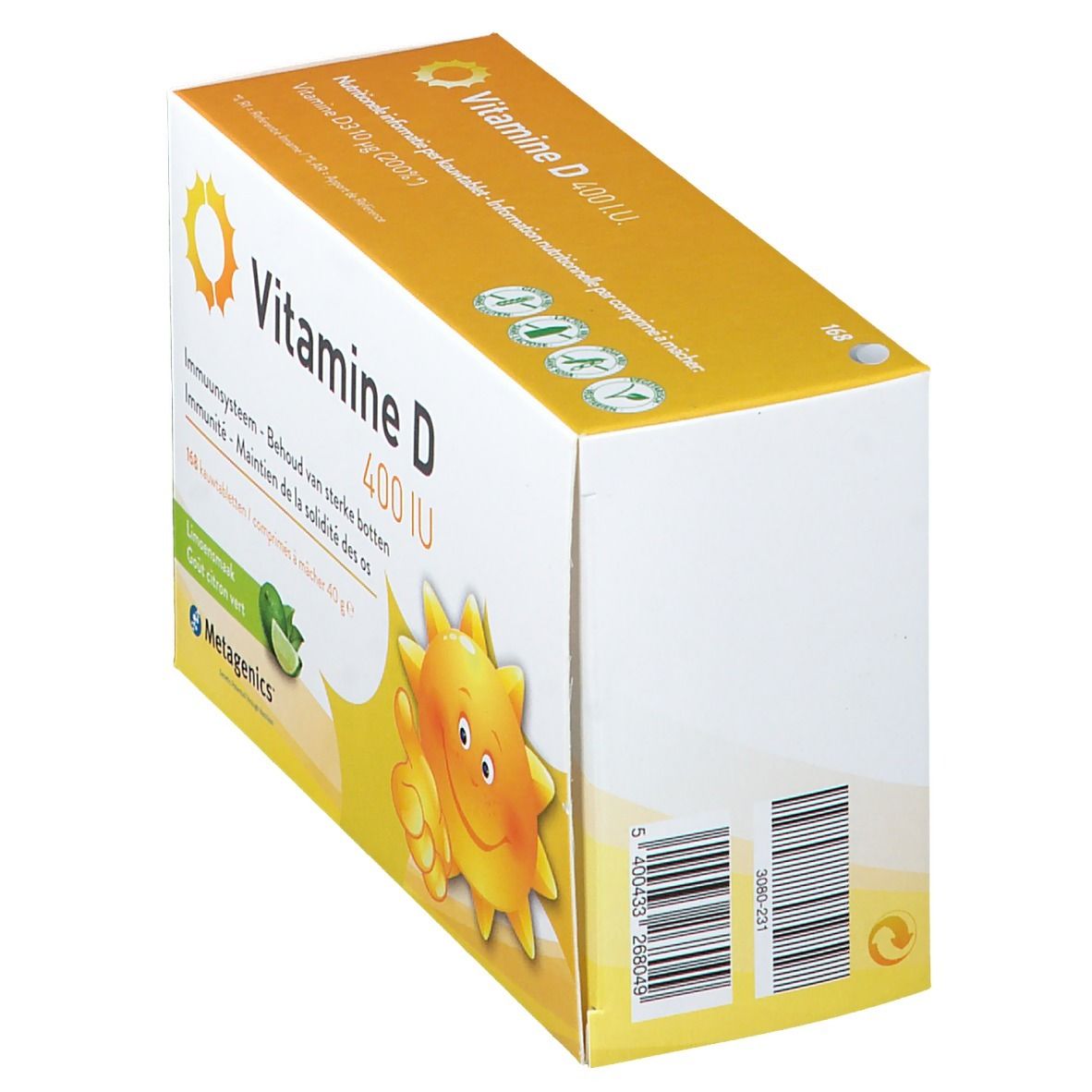 Vue en biais de l'emballage 'Vitamine D 400 IU'. Boîte jaune et blanche avec informations et logo du produit.