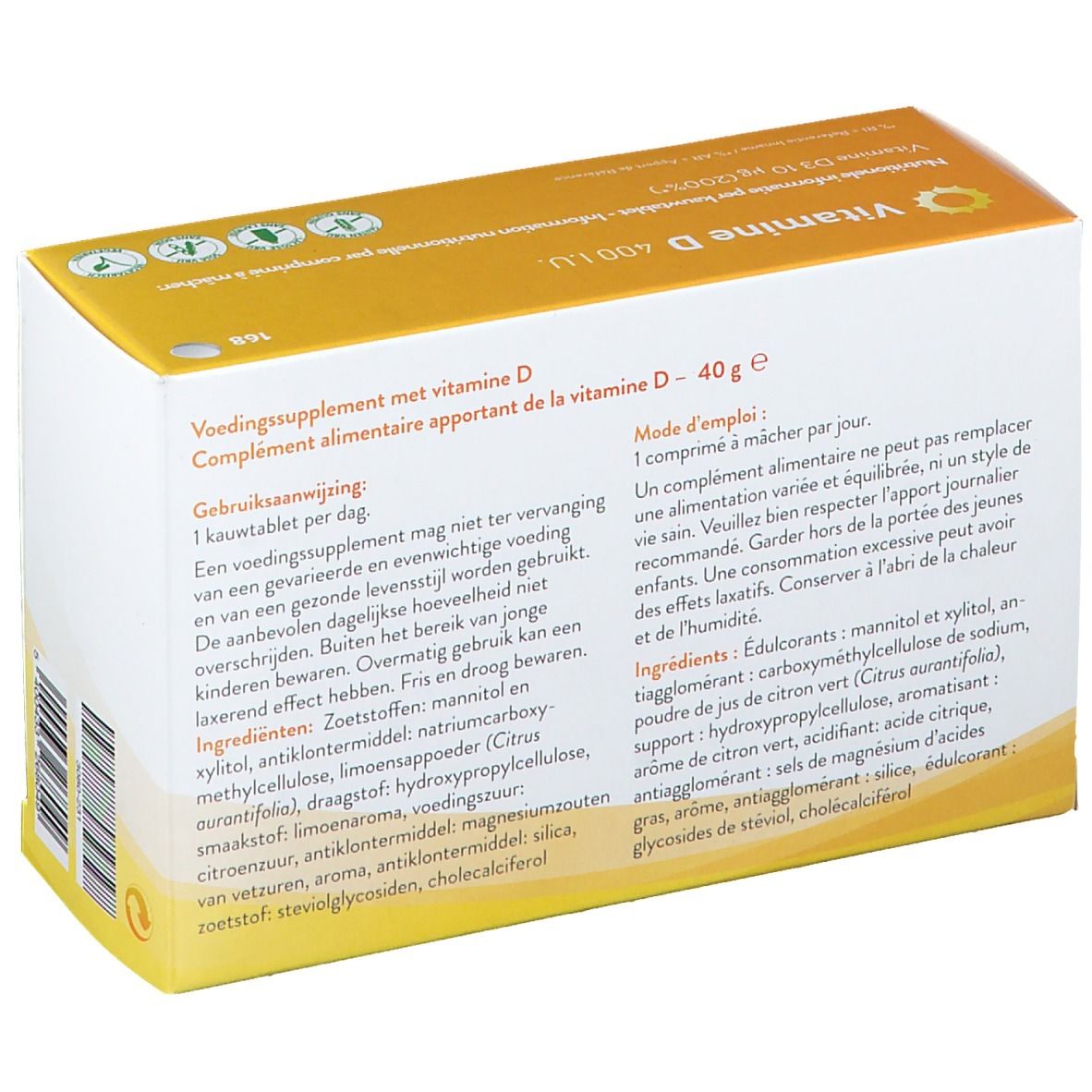 Dos de l'emballage 'Vitamine D 400 IU'. Contient des informations produit multilingues et une liste d'ingrédients.