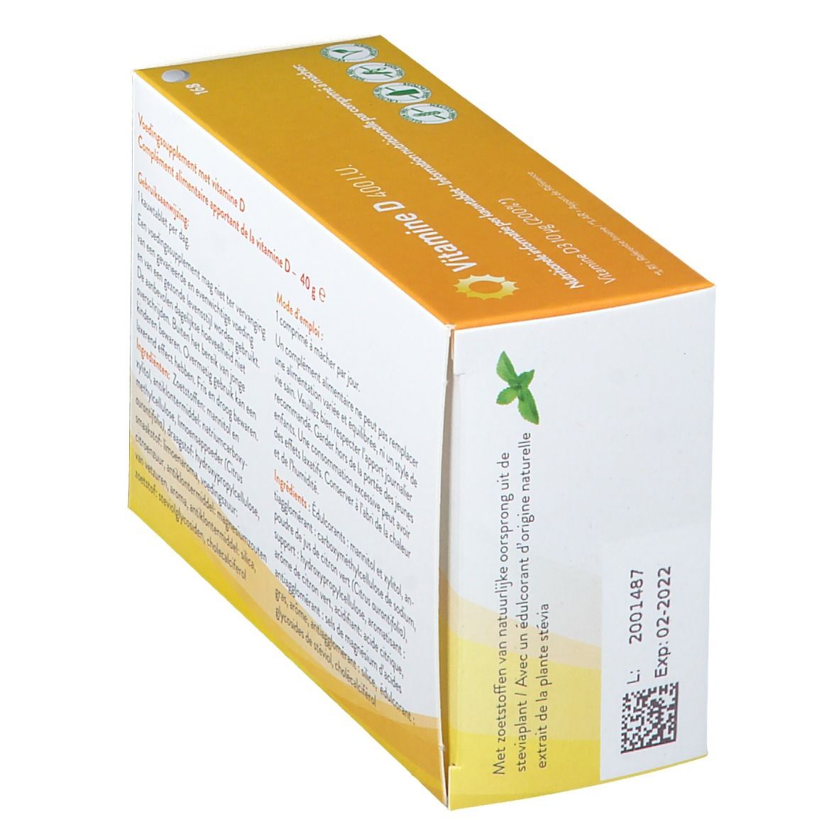 Vue en biais de l'emballage 'Vitamine D 400 IU'. Dos avec informations produit et date de péremption.