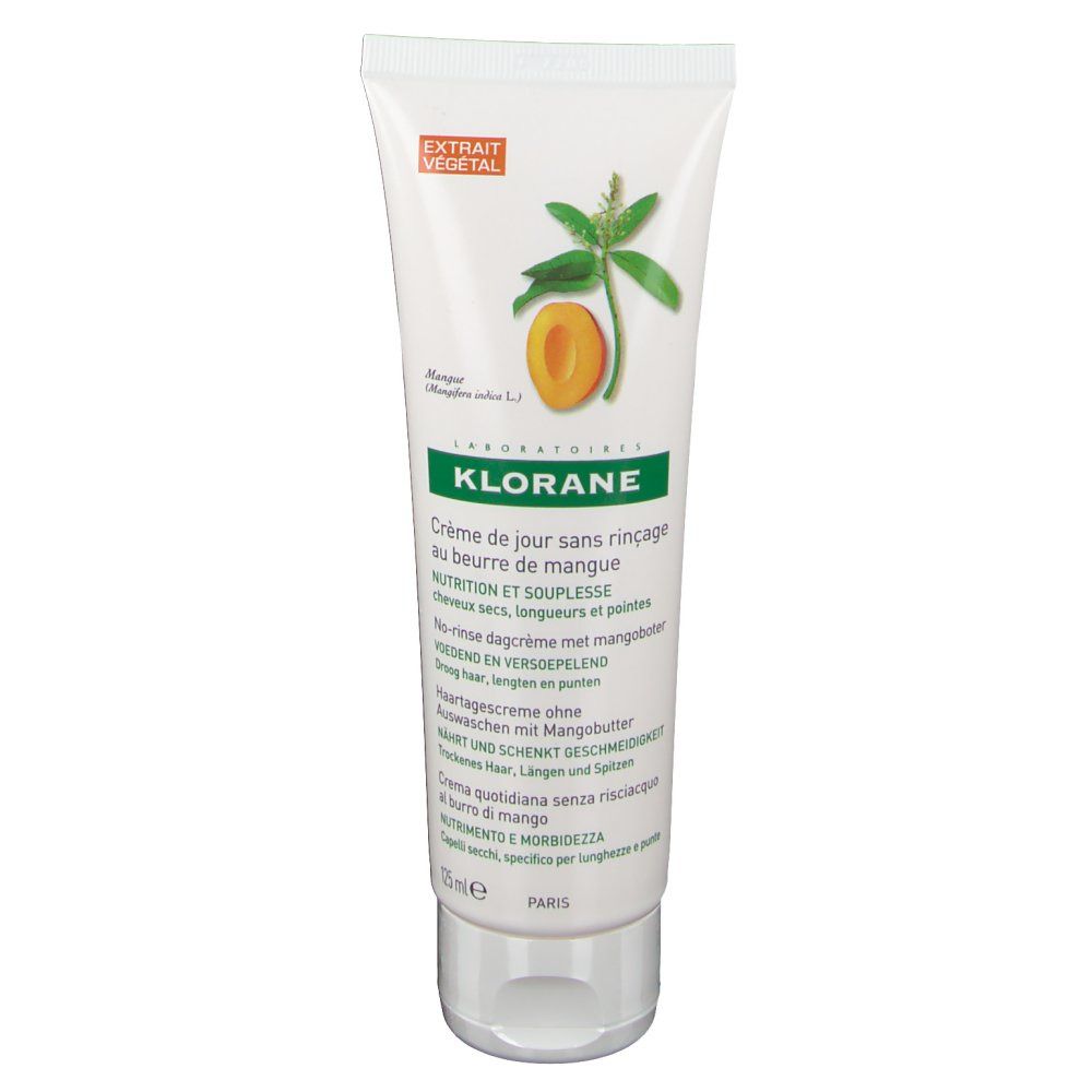 Klorane Tagescreme ohne Mangospülung Tube. Weiß, mit grünen und orangen Elementen. Aufdruck: Mango-Illustration, Extrait Végétal.