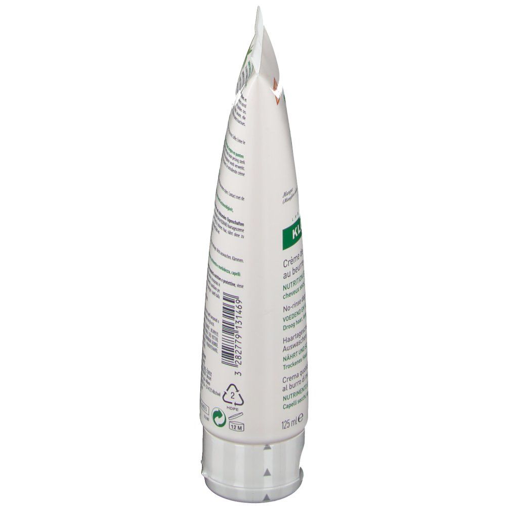 Klorane Tube, Seitenansicht. Weiß, mit Text und grünen Elementen. Aufdruck: Produktinformationen, Hersteller, Volumen.