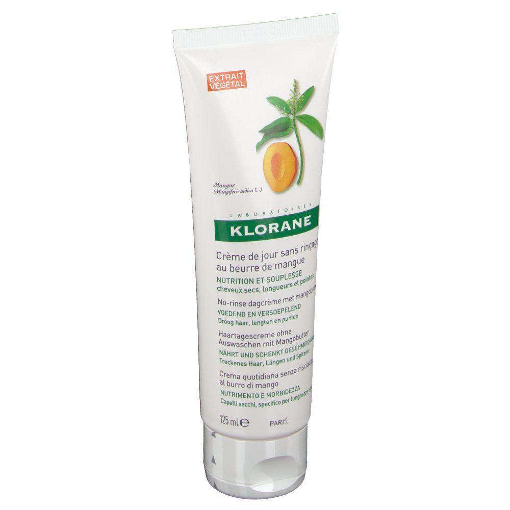 Klorane Tagescreme ohne Mangospülung Tube. Weiß, mit grünen und orangen Elementen. Aufdruck: Mango-Illustration, Extrait Végétal.