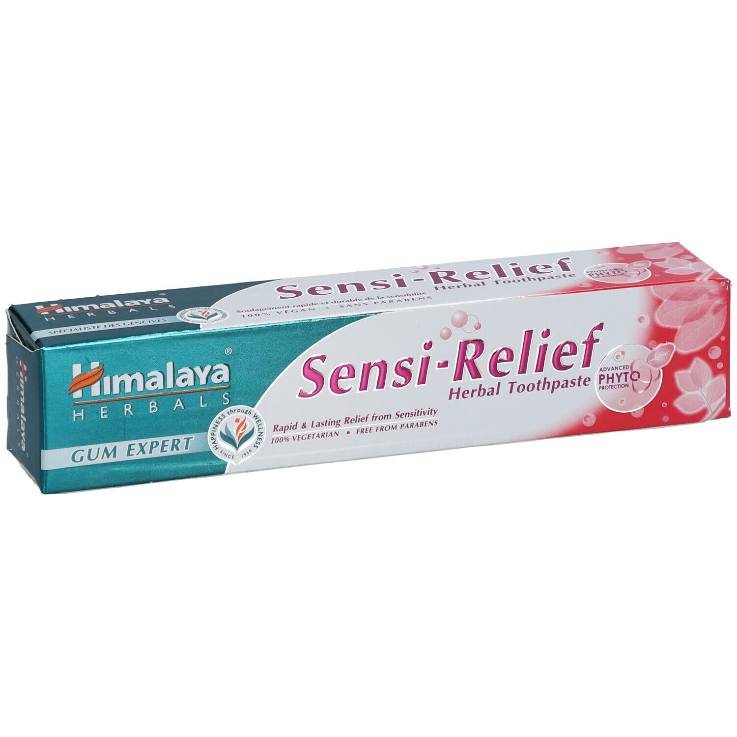 Zahncreme-Schachtel Sensi-Relief, Herbal Toothpaste. Marke Himalaya Herbals. Grün-weißes Design. Schrägansicht.