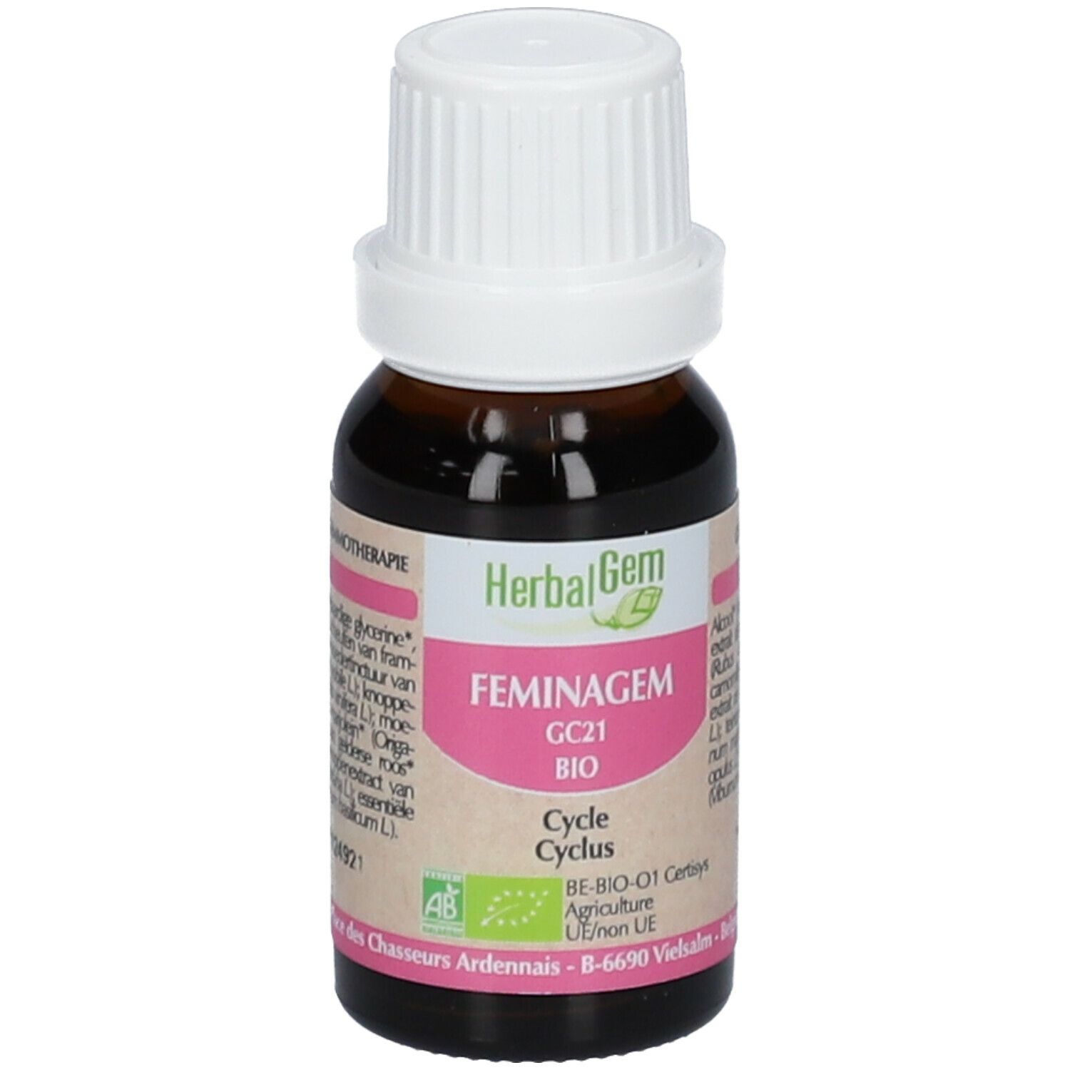 Braunglasflasche mit weißem Verschluss. Etikett mit Herbalgem, FEMINAGEM, GC21 BIO, Cycle Cyclus. AB-Bio-01 Zertifizierung.