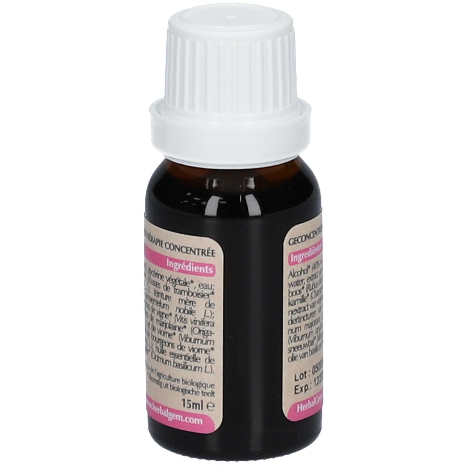 Braunglasflasche mit weißem Verschluss. Etikett mit Inhaltsstoffen: Alkohol, Wasser, Himbeere, etc. Volumen: 15ml. Herstelleradresse.
