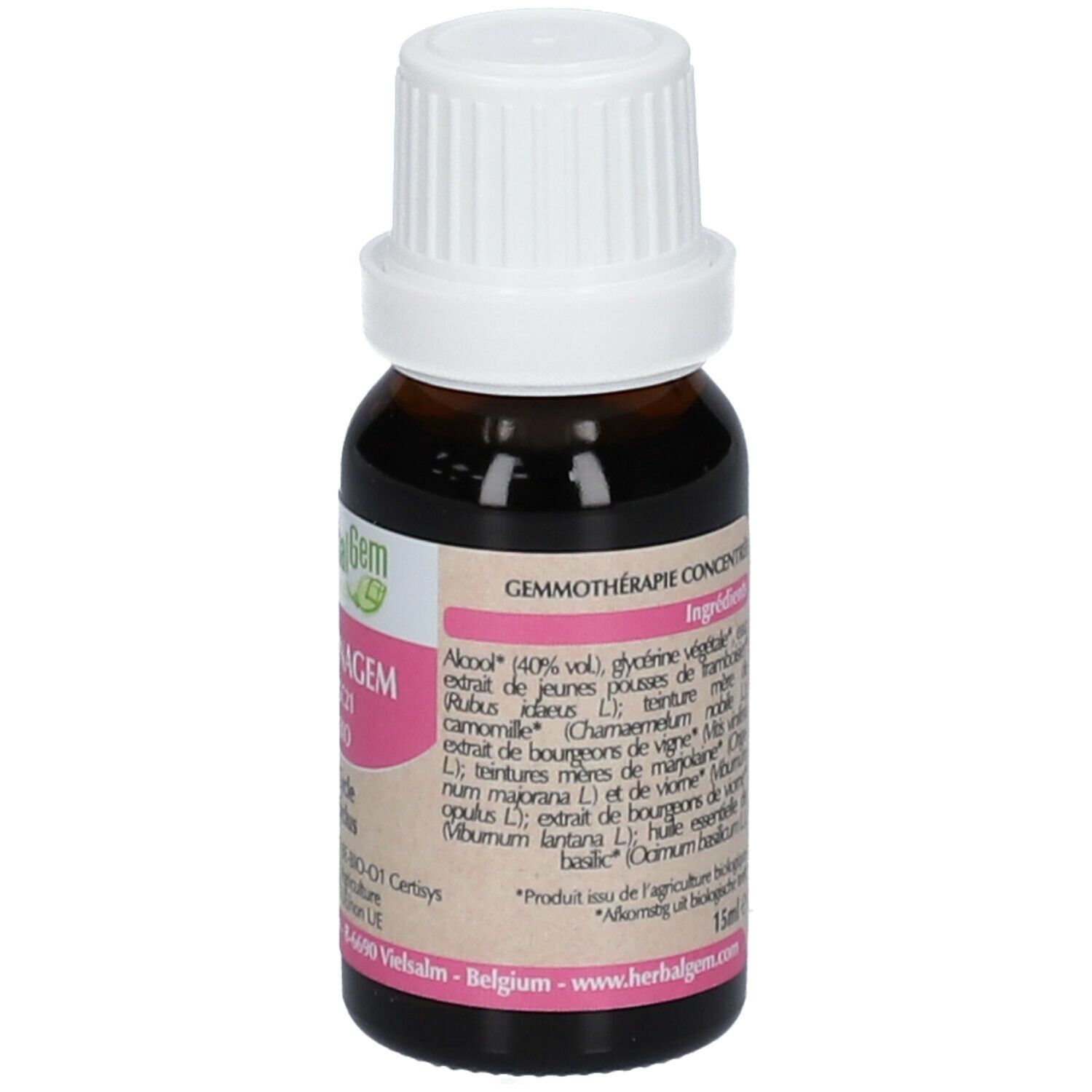 Braunglasflasche mit weißem Verschluss. Etikett mit Inhaltsstoffen: Alkohol, Glyzerin, Himbeere, etc. Volumen: 15ml. Herstelleradresse.