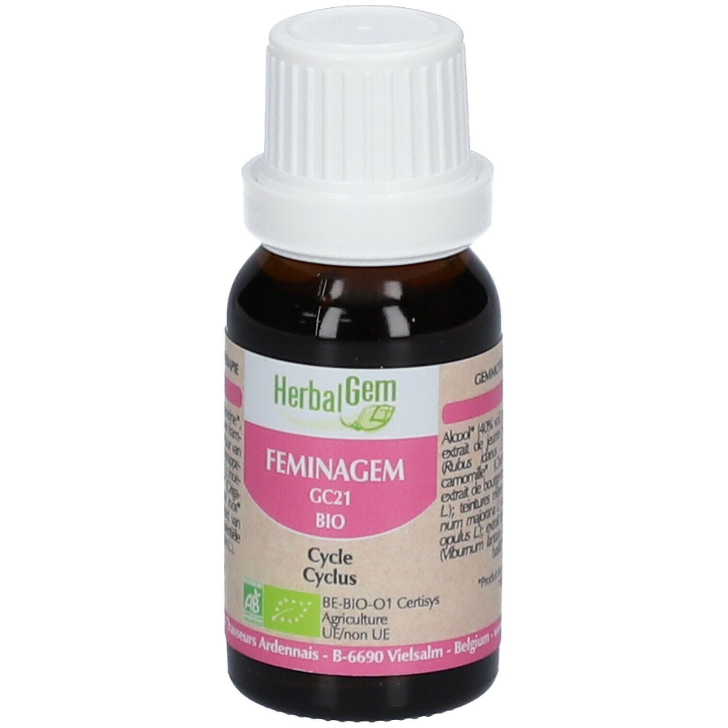 Braunglasflasche mit weißem Verschluss. Etikett mit Herbalgem, FEMINAGEM, GC21 BIO, Cycle Cyclus. AB-Bio-01 Zertifizierung.