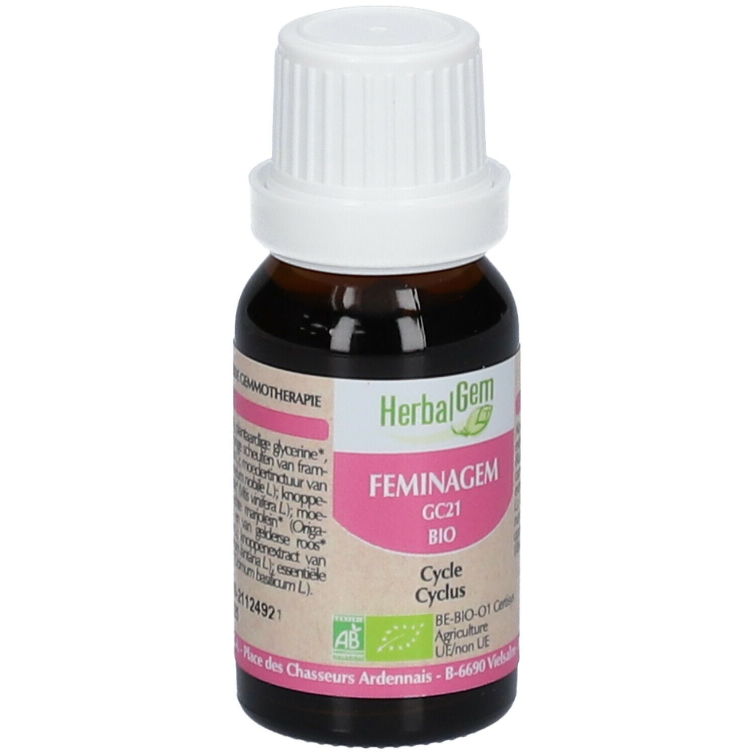 Braunglasflasche mit weißem Verschluss. Etikett mit Herbalgem, FEMINAGEM, GC21 BIO, Cycle Cyclus. AB-Bio-01 Zertifizierung.