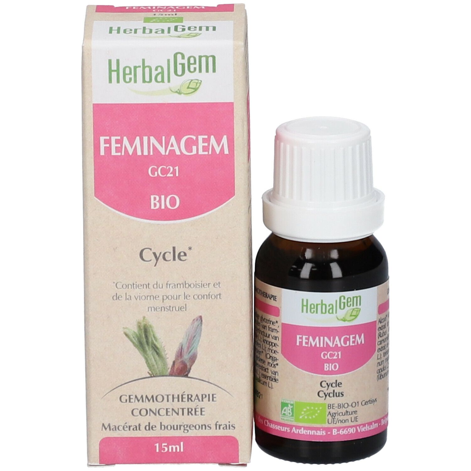 Produktverpackung und Flasche. Verpackung mit Herbalgem, FEMINAGEM, GC21 BIO, Cycle. Flasche: 15ml. Produktbeschreibung.