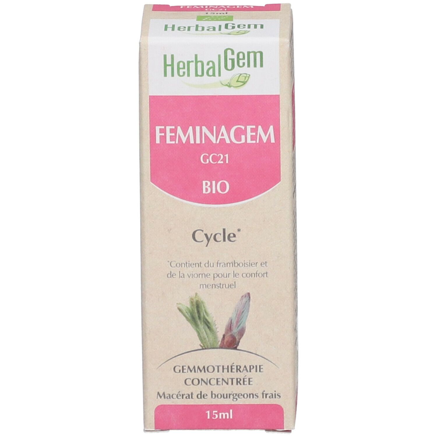 Produktverpackung. Verpackung mit Herbalgem, FEMINAGEM, GC21 BIO, Cycle. Produktbeschreibung und Abbildung.