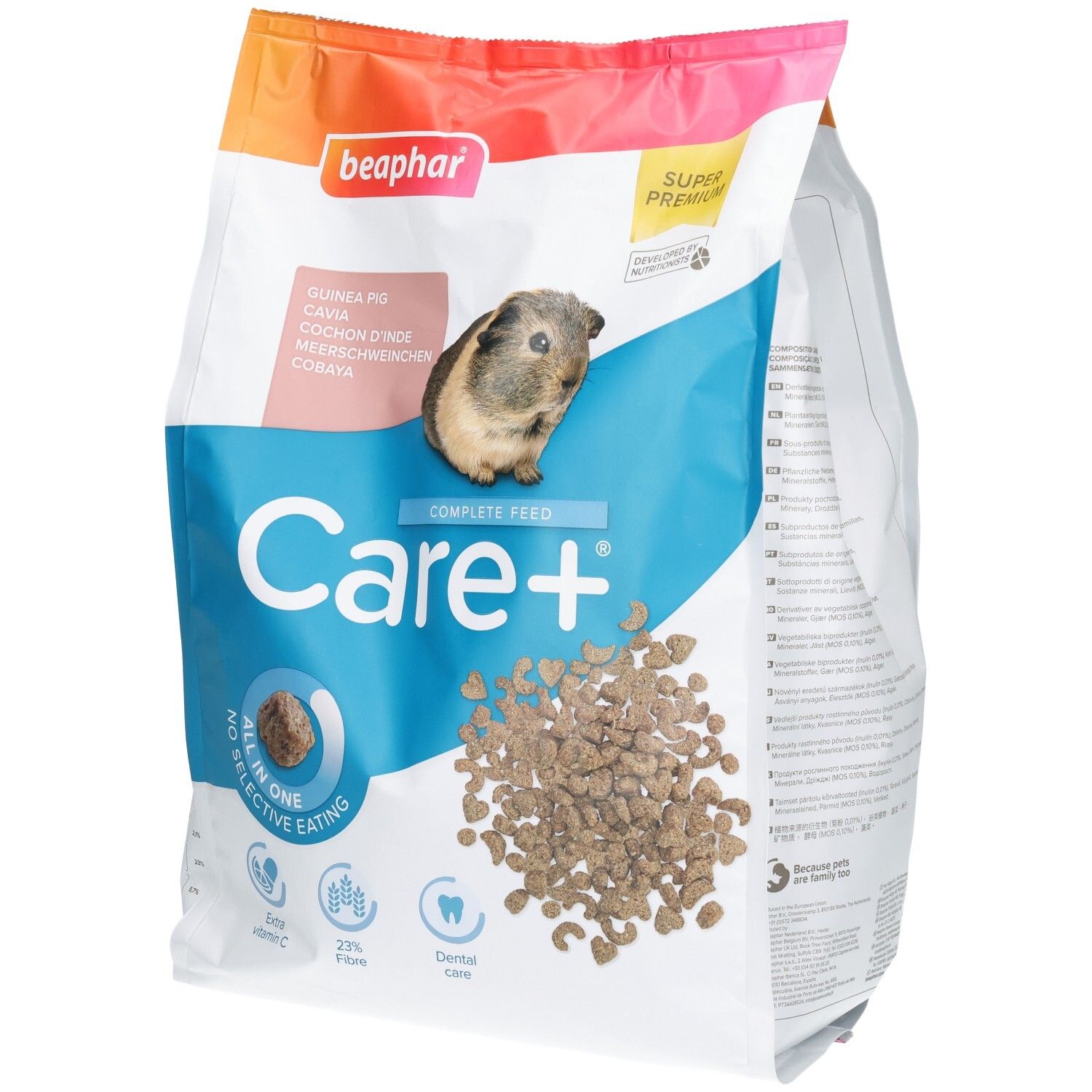Beaphar Care+ Guinea Pig Futter, 1,5kg Beutel mit Meerschweinchen-Abbildung und Futterpellets.