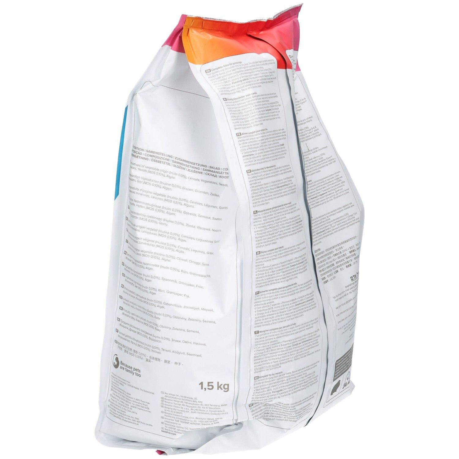 Rückseite eines Beaphar Care+ Meerschweinchenfuttersacks, 1,5kg, mit verschiedenen Texten und Symbolen.